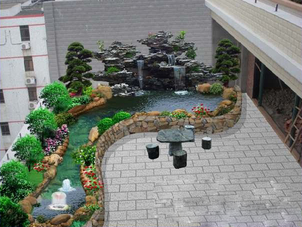 花园假山鱼池效果图 室内假山设计